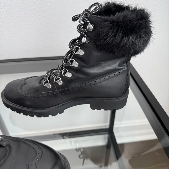 CHARLES DAVID Leather Black Combat Boots Faux Fur Trim Size 8 - Picture 9 of 14